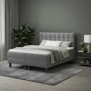 Спальная система Logan 180x200 серого цвета в современном интерьере спальни, с мягким изголовьем и удобным матрасом.