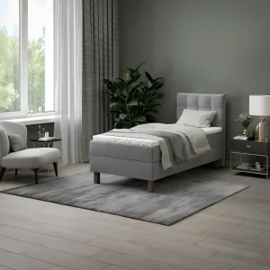 Спальная система Logan 90x200 в современном интерьере: односпальная кровать серого цвета с мягким изголовьем, стильный дизайн.