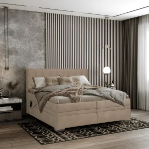 Спальная система Lucky motion 160x200 в бежевом цвете, современный дизайн, кровать с подъемным механизмом и мягким изголовьем, стильный интерьер спальни.