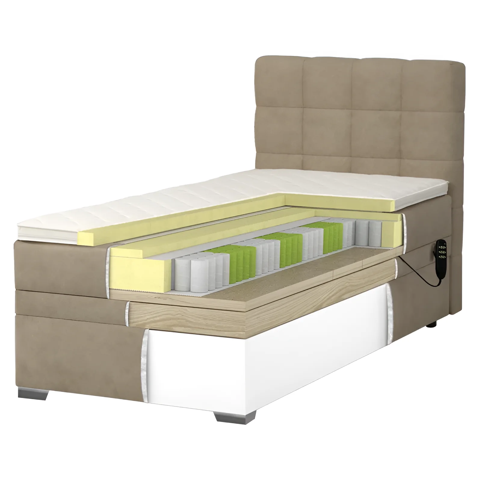 Кровать Lucky motion 90x200 см с подъемным механизмом и мягким изголовьем, вид в разрезе, демонстрирующий слои матраса и основания.