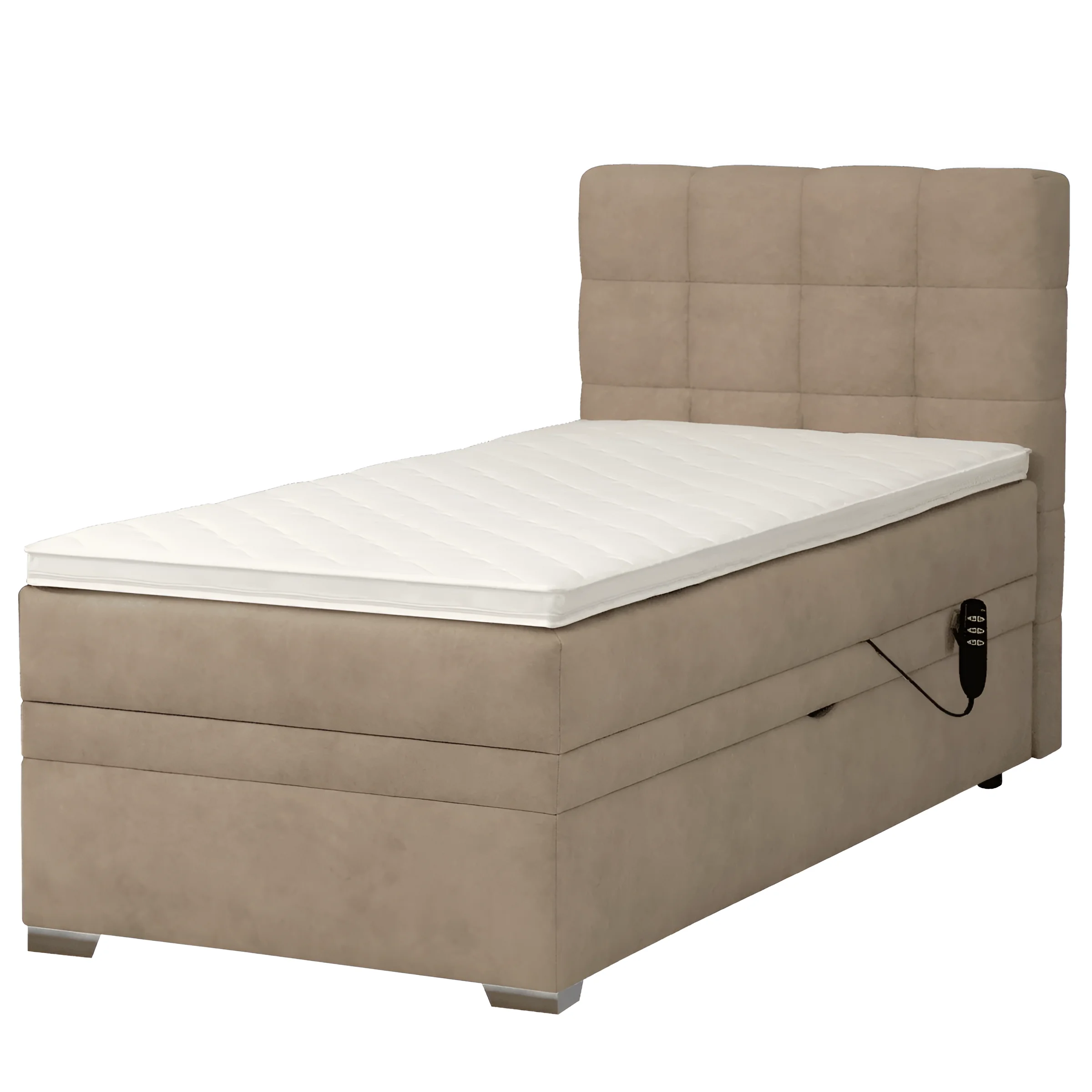 Кровать Lucky motion 90x200 бежевого цвета с подъемным механизмом и мягким изголовьем, современный дизайн для спальни.