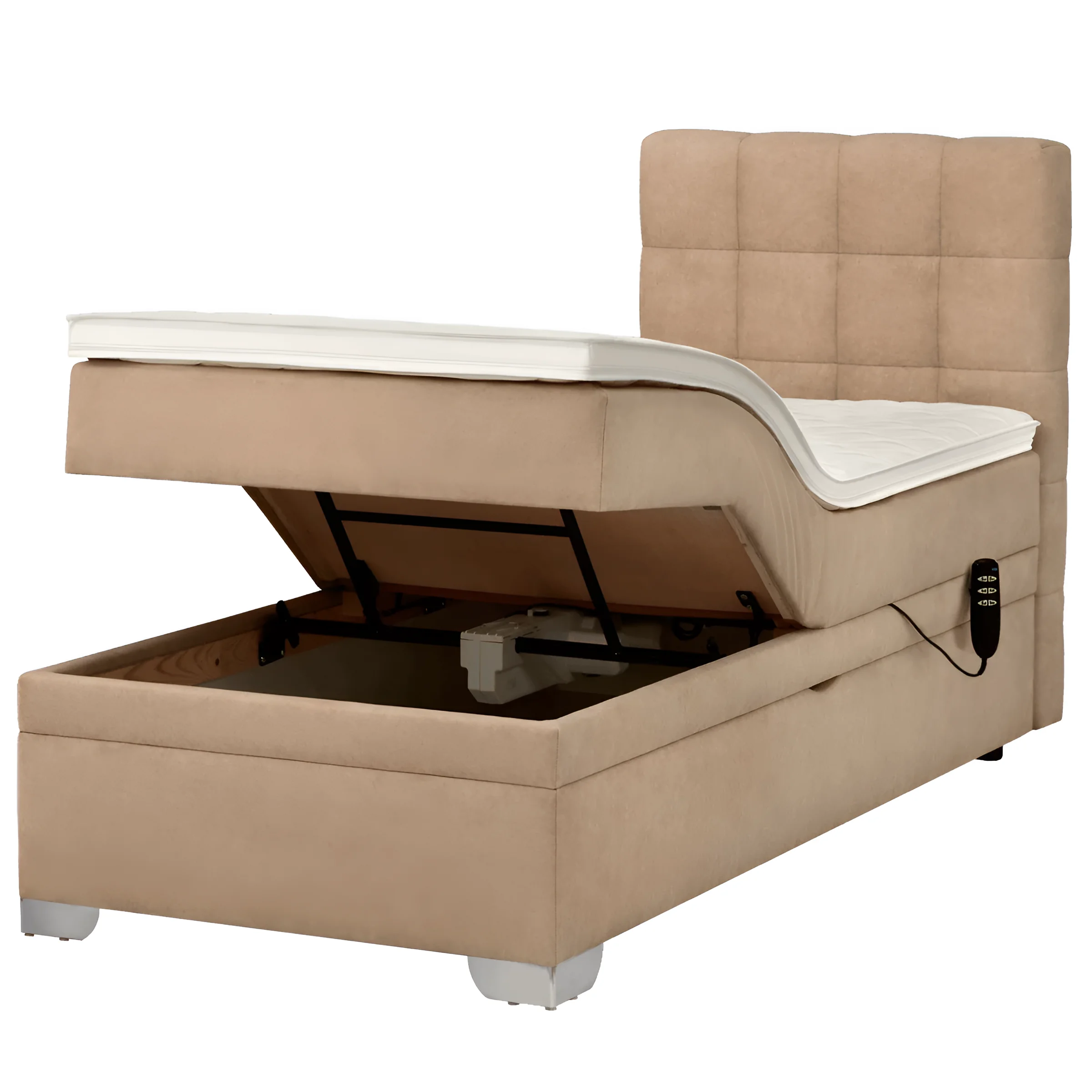 Кровать с подъемным механизмом Lucky motion 90x200 бежевого цвета, с открытым ящиком для хранения, современный дизайн.