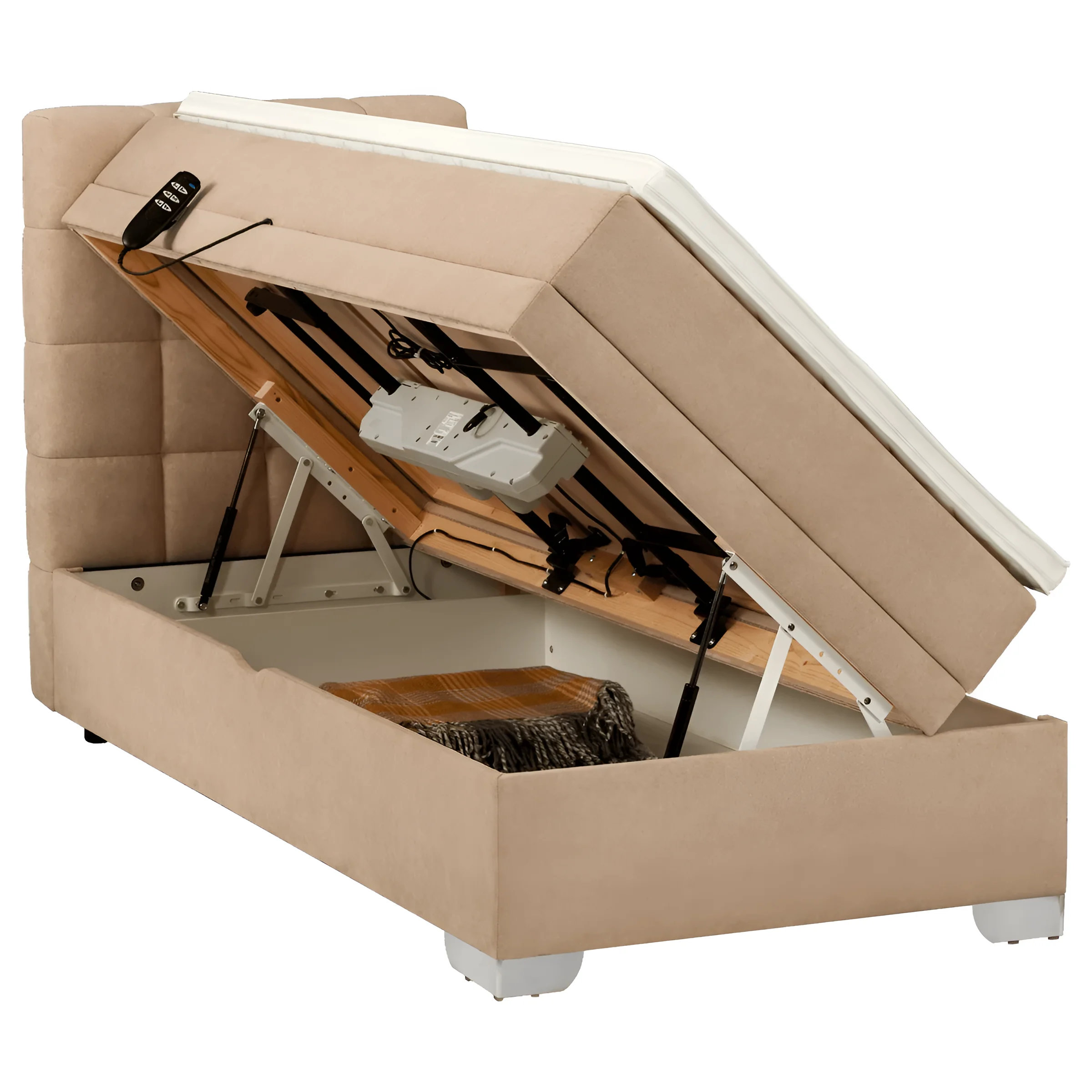 Кровать с подъемным механизмом Lucky motion 90x200 бежевого цвета, открытое пространство для хранения вещей, современный дизайн.