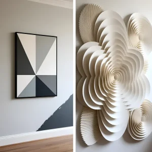 Сравнение минималистичной модульной картины и объемной бумажной цветочной инсталляции как примеры настенного декора