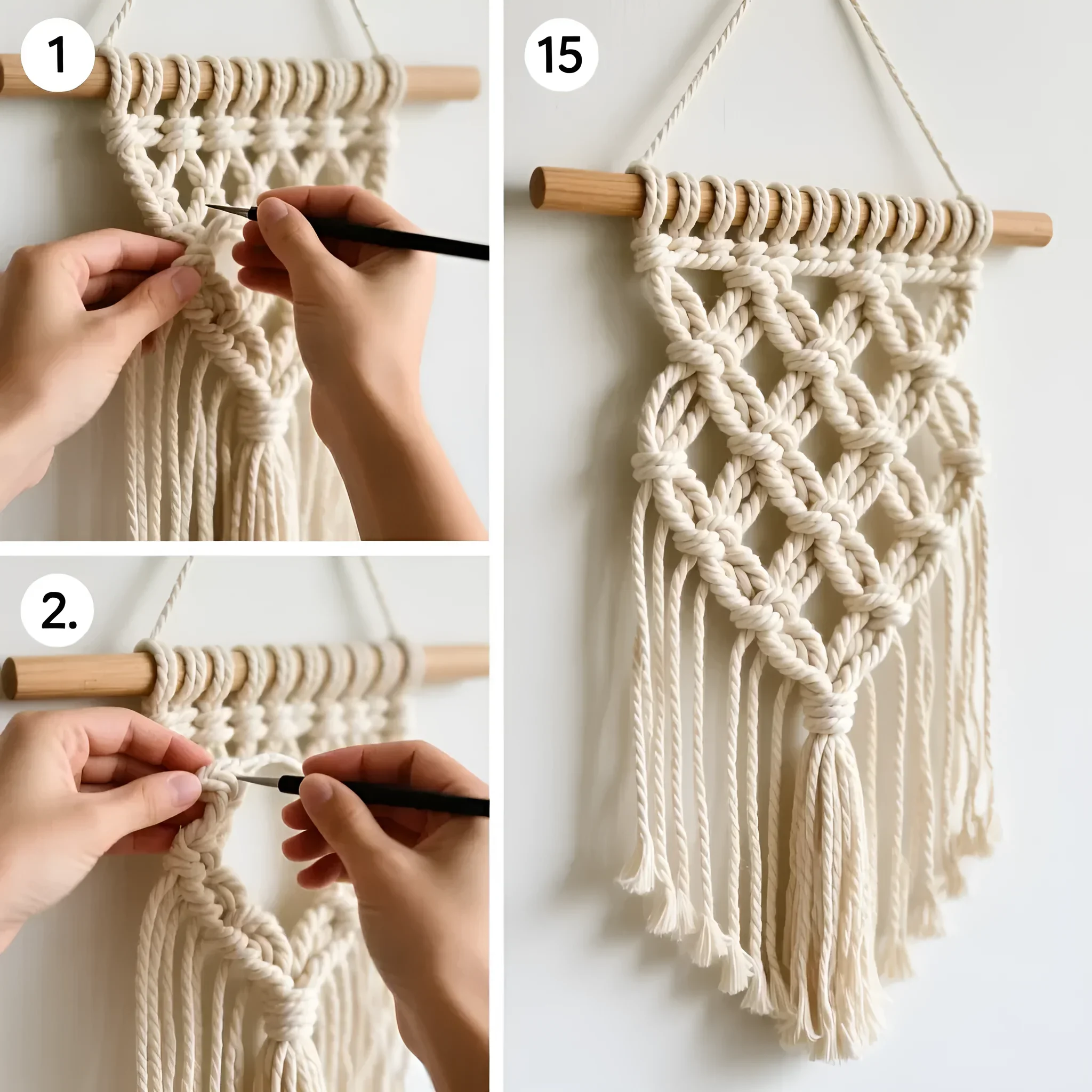 Покрокова інструкція з плетіння настінного декору в техніці макраме з ромбоподібним візерунком