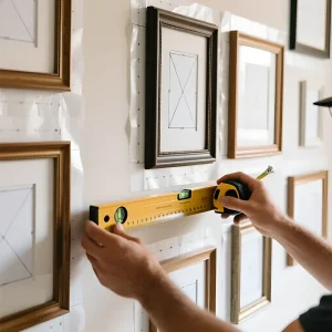 Крупный план рук с уровнем и рулеткой, выравнивающих шаблоны для развешивания декоративных рамок на стене.