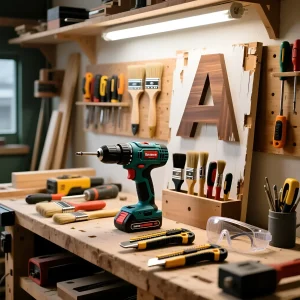 Крупный план рабочего стола столяра с аккумуляторной дрелью, кистями и защитными очками, демонстрирующий инструменты для DIY-проектов.