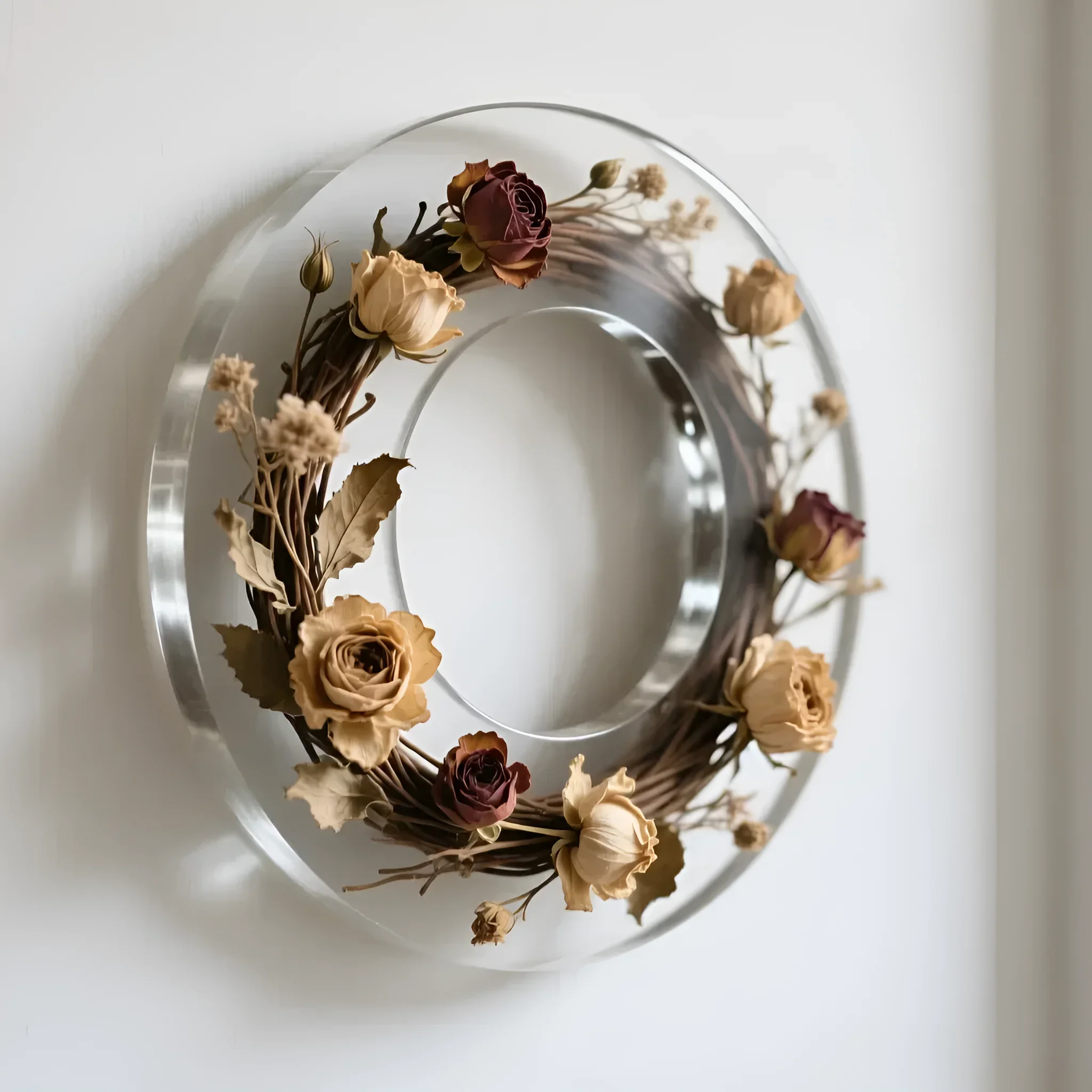 Стильний настінний вінок зі стабілізованих троянд та гілок, укладений у прозору акрилову раму