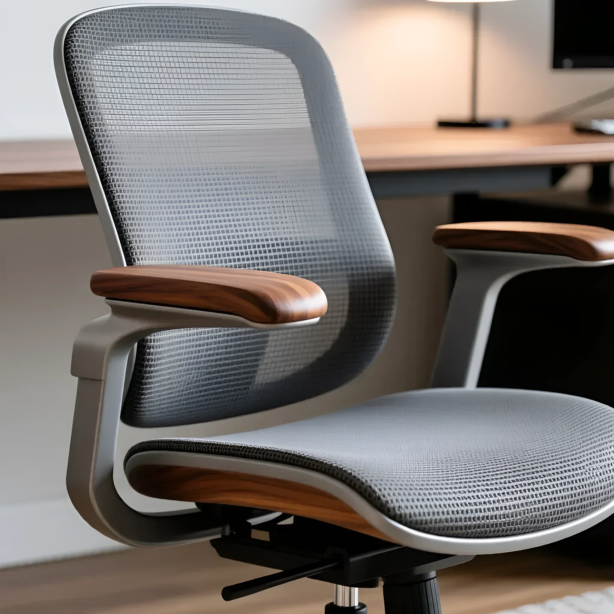Великий план ергономічного робочого крісла з сітчастою спинкою та анатомічними підлокітниками, оздобленими шпоном під горіх, що демонструє преміальний вигляд.