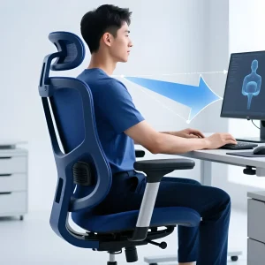 Профессиональное офисное кресло с анатомической поддержкой спины и регулируемым подголовником в синем цвете