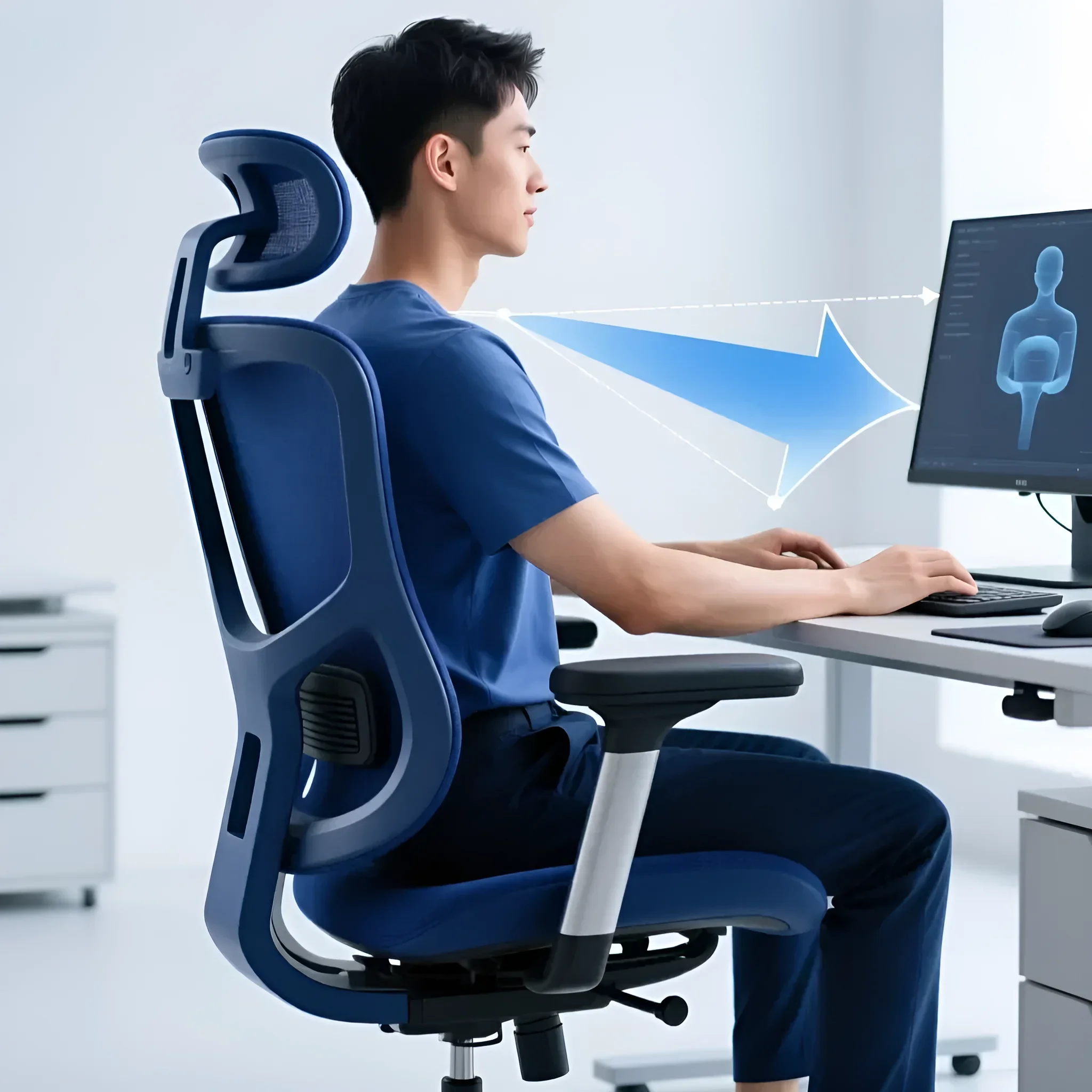 Професійне офісне крісло з анатомічною підтримкою спини та регульованим підголівником у синьому кольорі