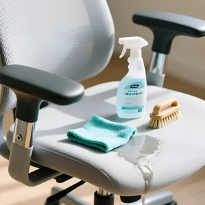 Процесс бережной очистки серой тканевой обивки офисного кресла с помощью спрея и микрофибры