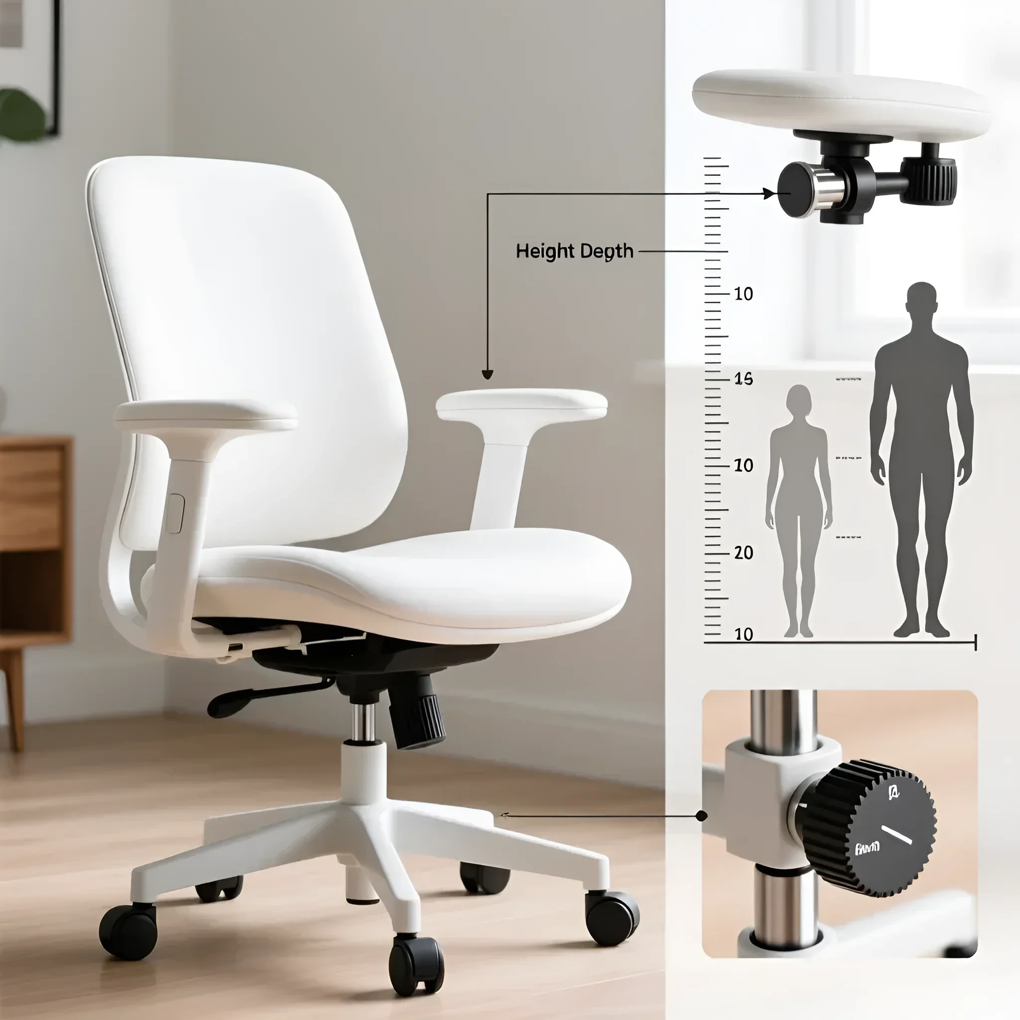 Регулювання висоти підлокітників та газліфта білого ергономічного крісла з візуальним гідом по зросту