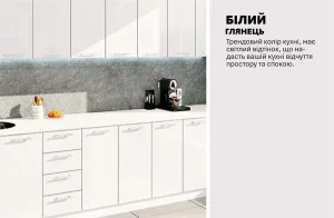 Белая готовая кухня с высоким глянцем длиной 320 см, фасады с интегрированными ручками, столешница, стильный фартук.
