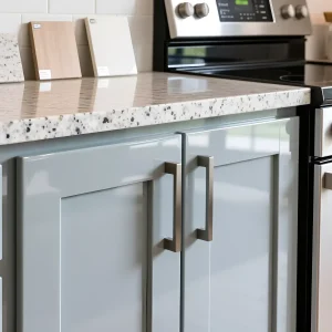 Крупный план светло-серого кухонного гарнитура с глянцевыми рамными фасадами и столешницей под светлый гранит рядом с современной плитой