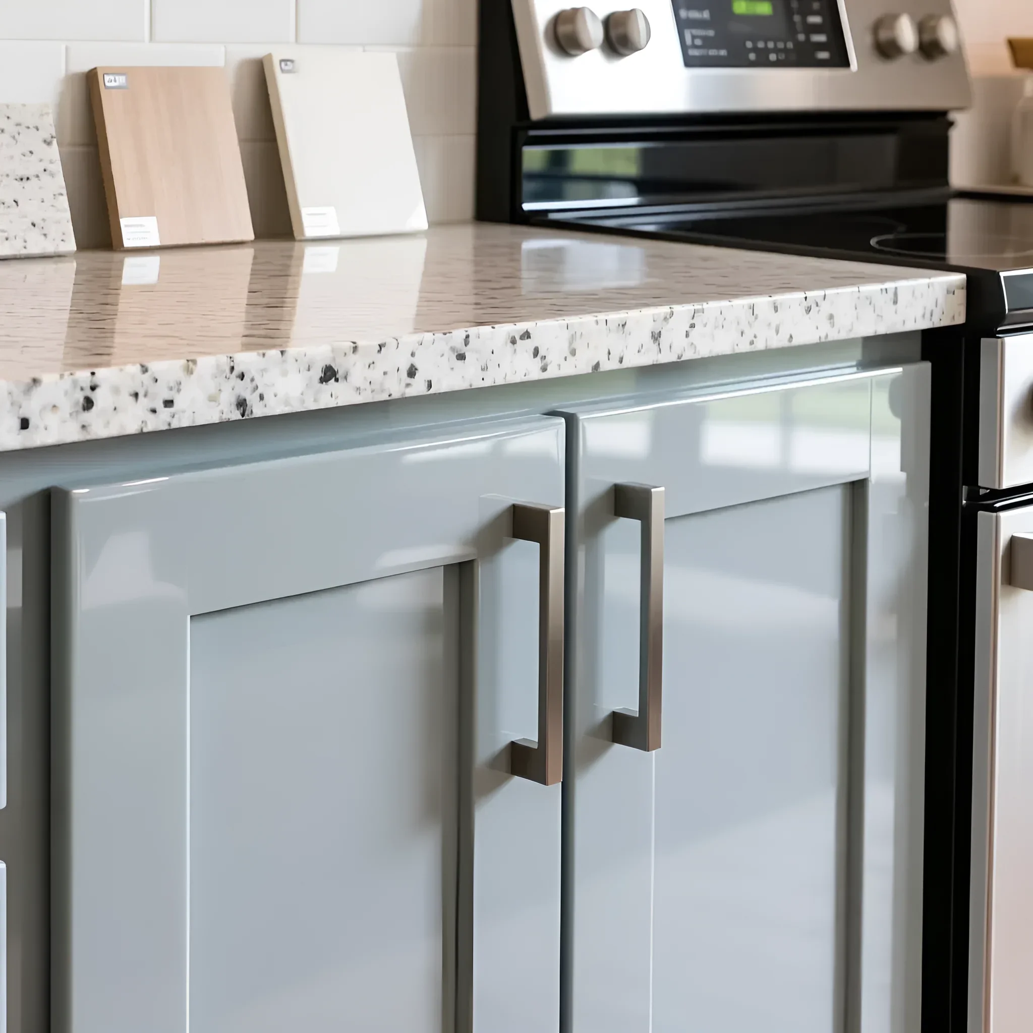 Великий план світло-сірого кухонного гарнітура з глянцевими рамними фасадами та стільницею під світлий граніт поруч із сучасною плитою