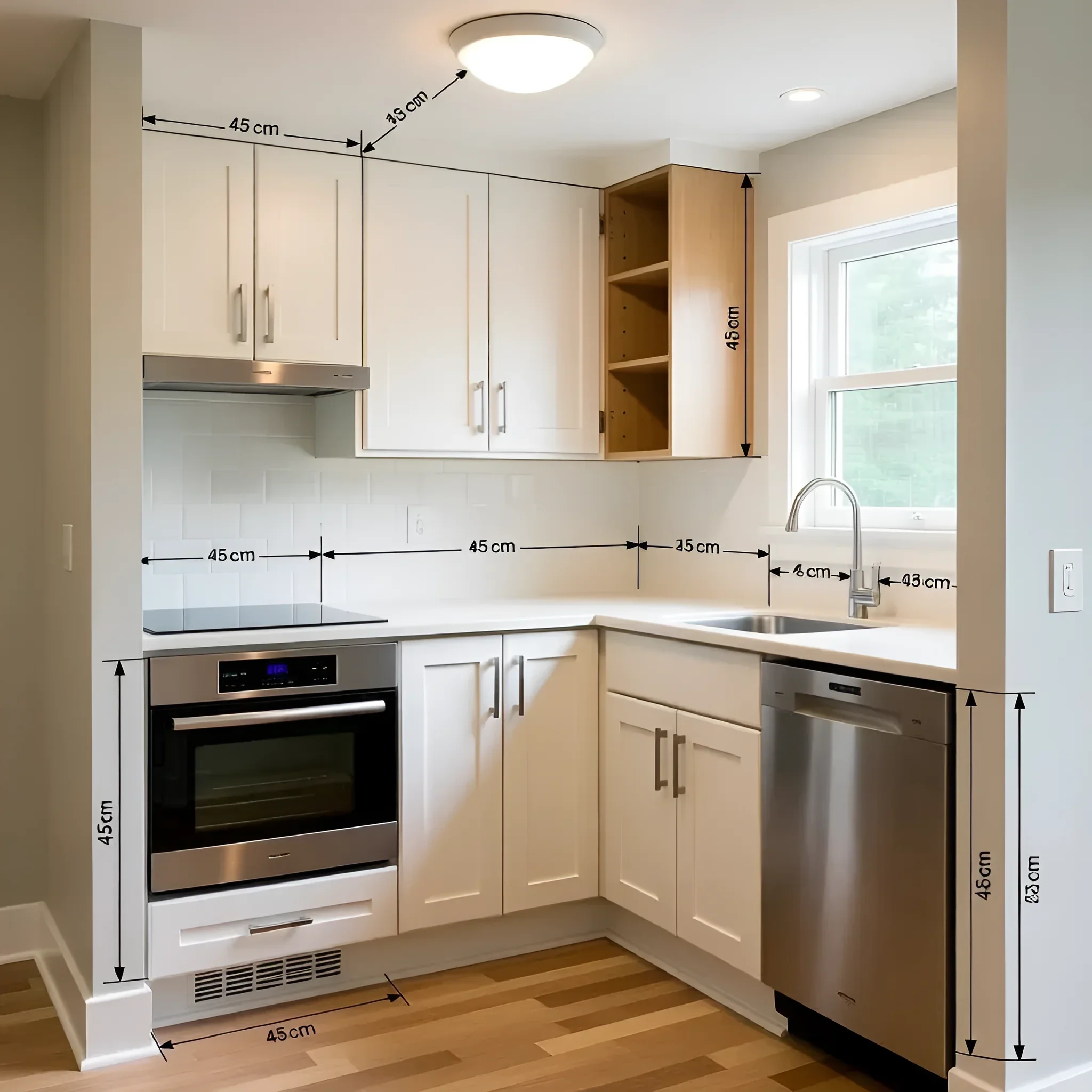 Схема кутової кухні з розмірами 45 см: демонстрація ергономічного розміщення вбудови та шаф.