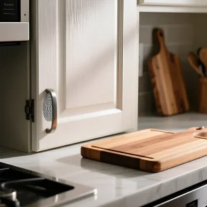 Крупный план бежевого кухонного фасада с металлической ручкой и отпечатком пальца, демонстрирующий текстуру и фурнитуру на фоне столешницы