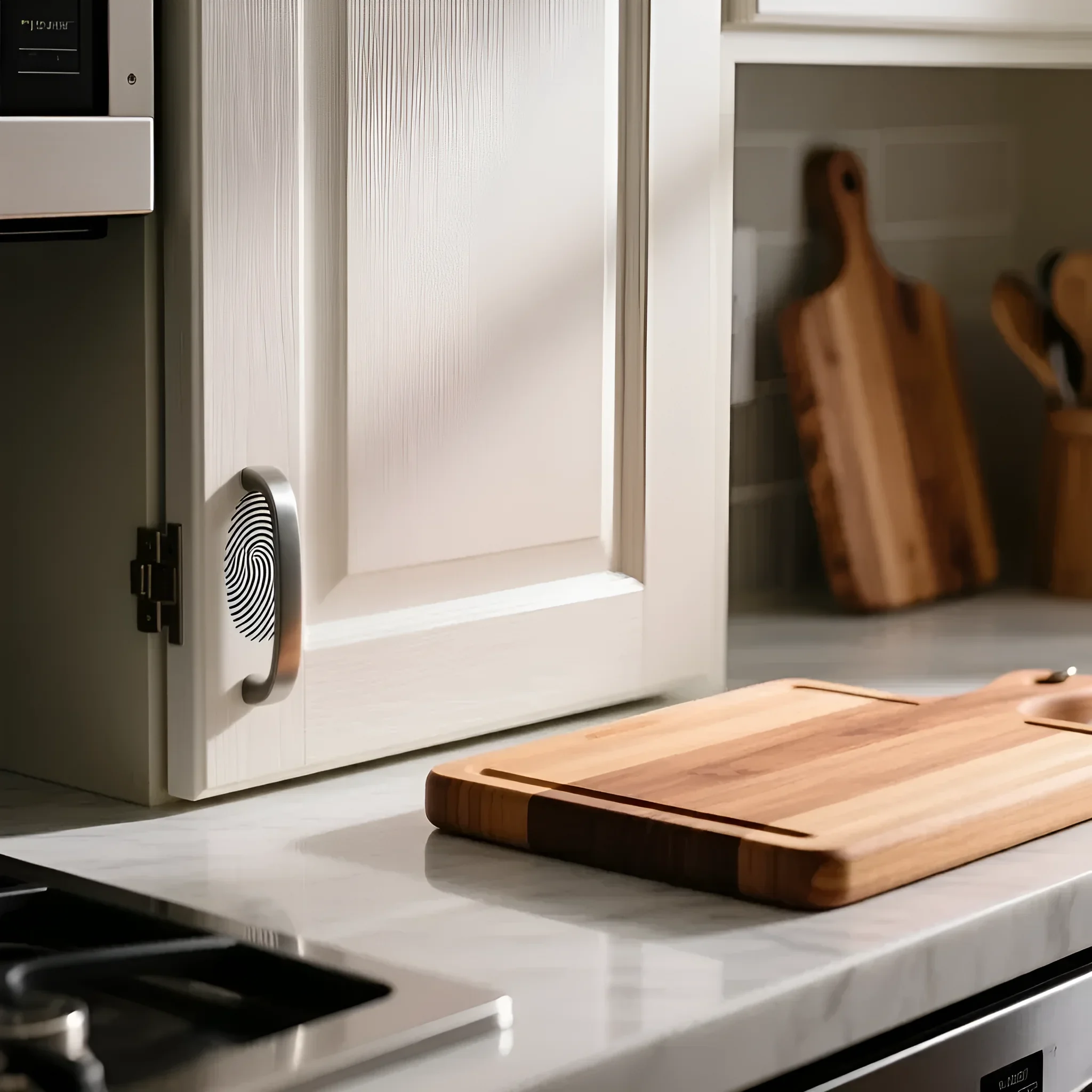 Великий план бежевого кухонного фасаду з металевою ручкою та відбитком пальця, що демонструє текстуру та фурнітуру на тлі стільниці