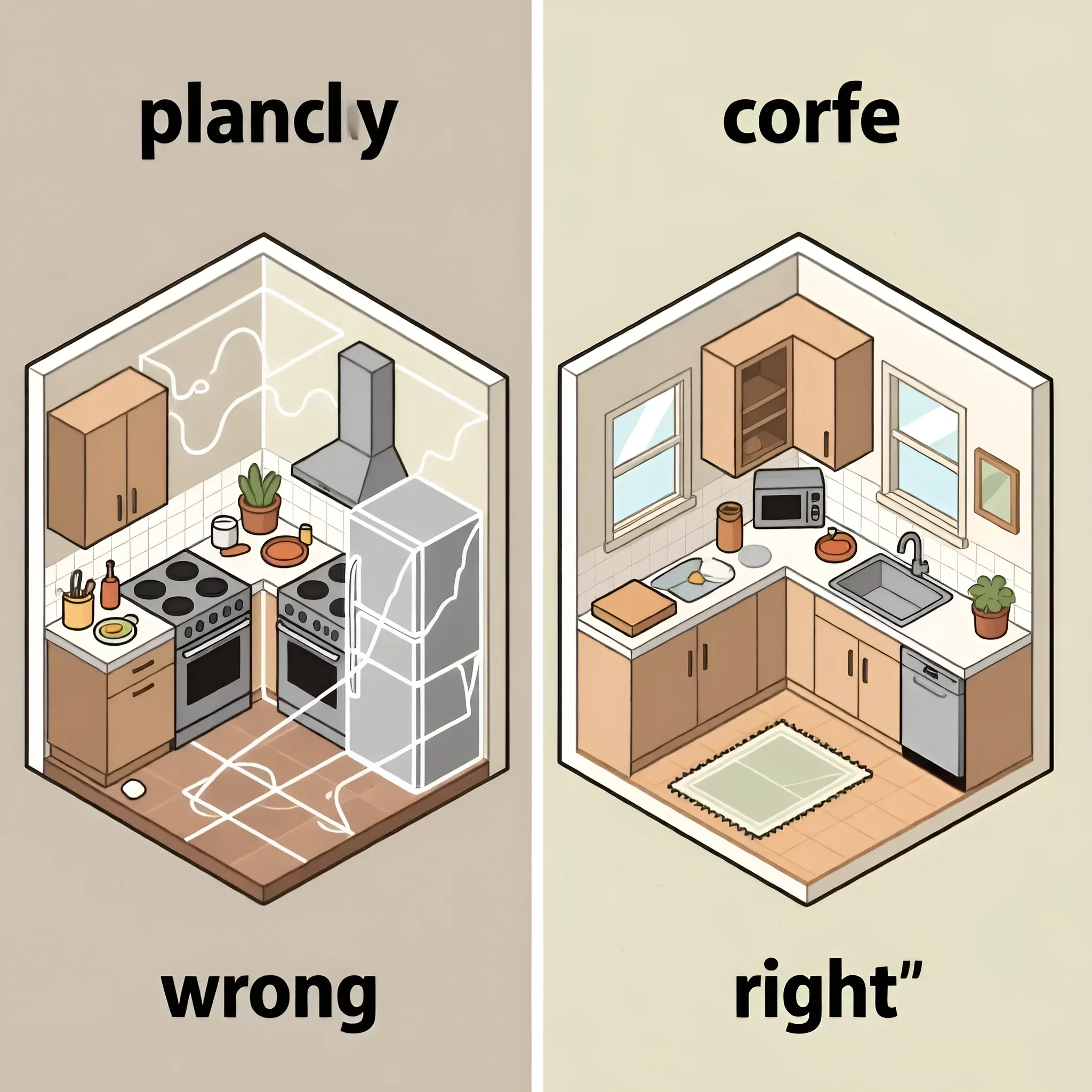 Порівняння неефективної (left) та ергономічної Г-подібної (right) розстановки кухонних меблів у маленькому приміщенні