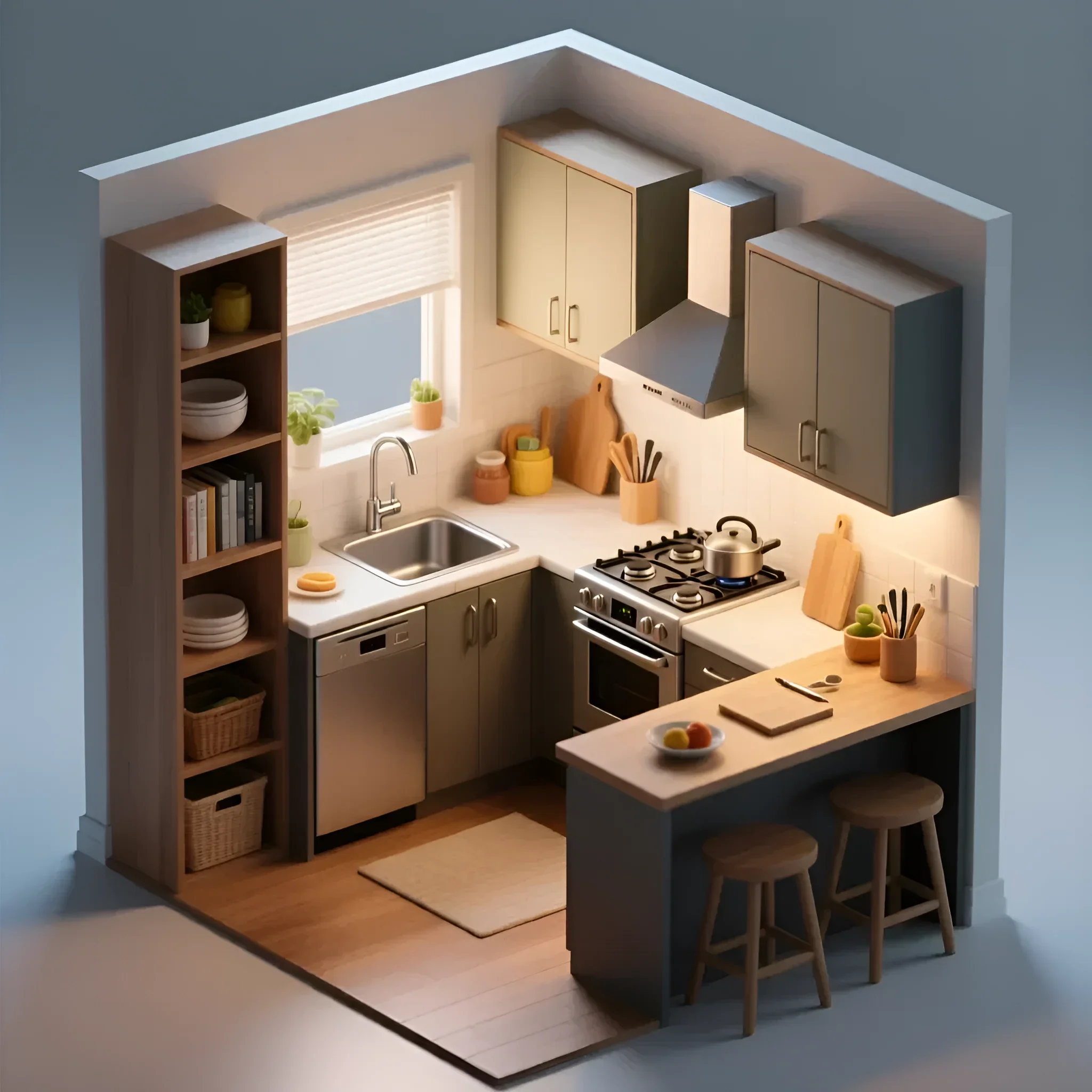 Компактна кутова кухня в сучасному стилі з барною стійкою та вбудованою технікою