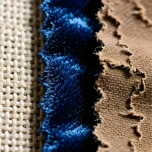 Крупный план образцов обивочных тканей: плетение рогожки, ворсовый эффект 'ежик' и мешковина, демонстрирующие контраст текстур.