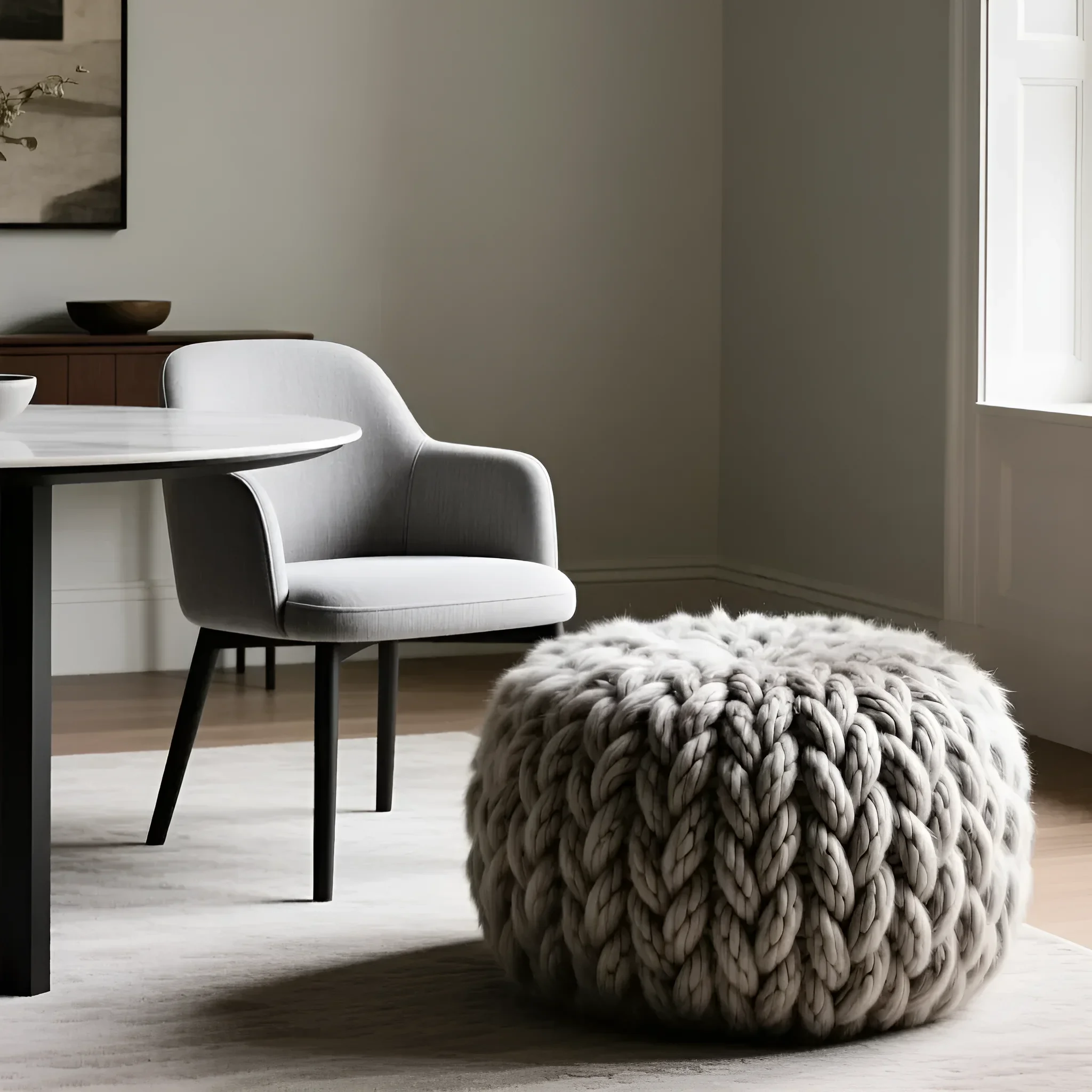 Великий в'язок сірого пуфа на тлі мінімалістичного обіднього крісла та мармурового столу