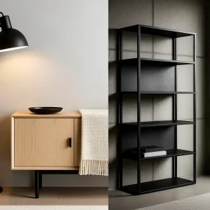 Минималистичный дуэт: приставная тумба из светлого дерева и открытый стеллаж из черного матового металла