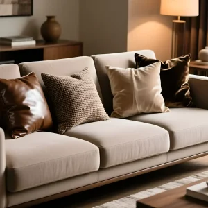 Крупный план модульного дивана в нейтральных тонах с акцентными подушками из глянцевой кожи, рельефной вязки и бархатного велюра