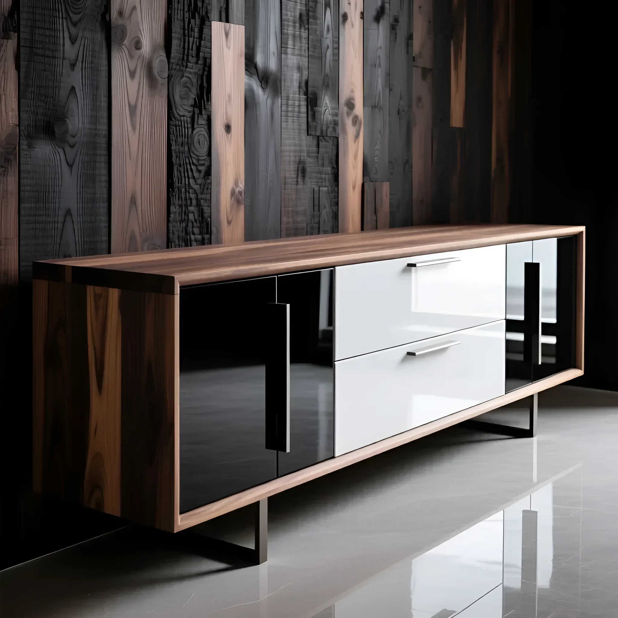 Низька ТВ-тумба в стилі модерн з корпусом під темний горіх, фасадами з чорного глянцевого скла та білими матовими ящиками на тонкій металевій основі.