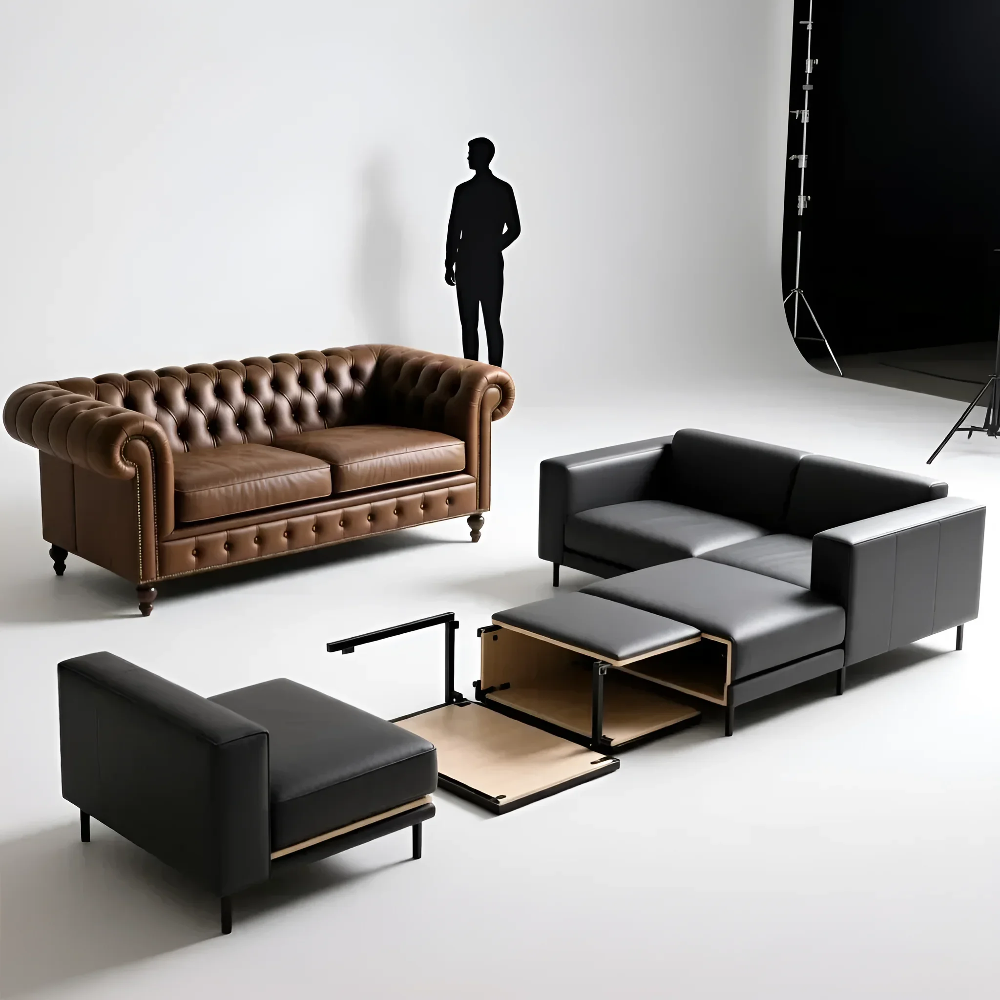 Сравнение классического кожаного дивана Честерфилд и современного модульного дивана с выдвижными секциями для хранения