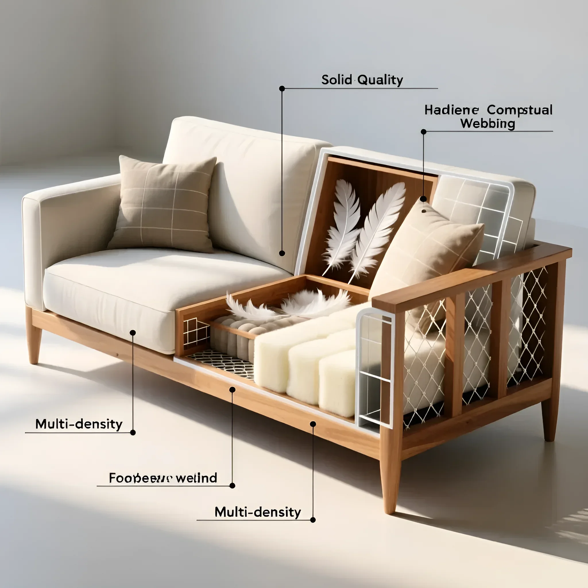 Разрез модульного дивана с акцентом на многослойный наполнитель, упругие ремни поддержки и натуральный деревянный каркас