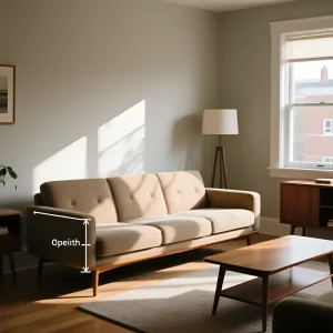 Современный бежевый диван с деревянным основанием на фоне светлой стены, демонстрирующий средние размеры для гостиной.