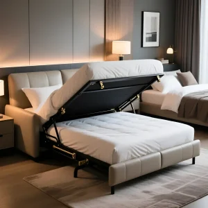 Ближний план: диван-кровать в процессе раскладывания с демонстрацией внутреннего металлического каркаса и матраса