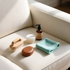 Набор для чистки и ухода за светлой тканевой обивкой дивана: щетка, крем, лосьон и микрофибра