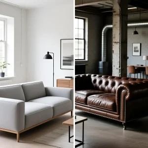 Сравнение современного скандинавского дивана и классического кожаного Честерфилд в интерьере лофт