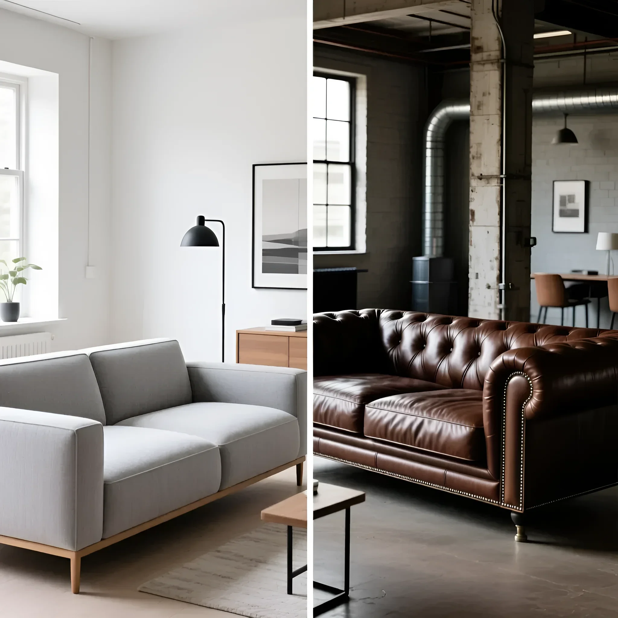 Сравнение современного скандинавского дивана и классического кожаного Честерфилд в интерьере лофт