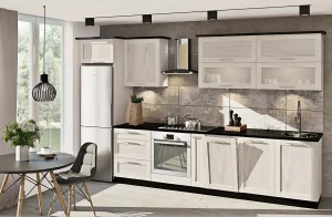 Классическая кухня "Престиж" 300см Дуб крафт белый (беленый) с белым холодильником, варочной панелью, духовкой и стильными шкафами.