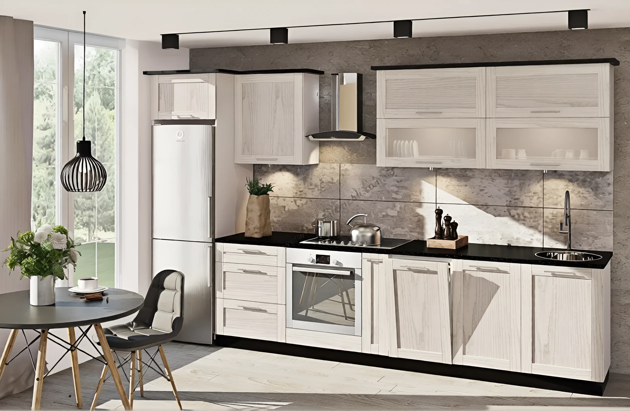 Классическая кухня "Престиж" 300см Дуб крафт белый (беленый) с белым холодильником, варочной панелью, духовкой и стильными шкафами.