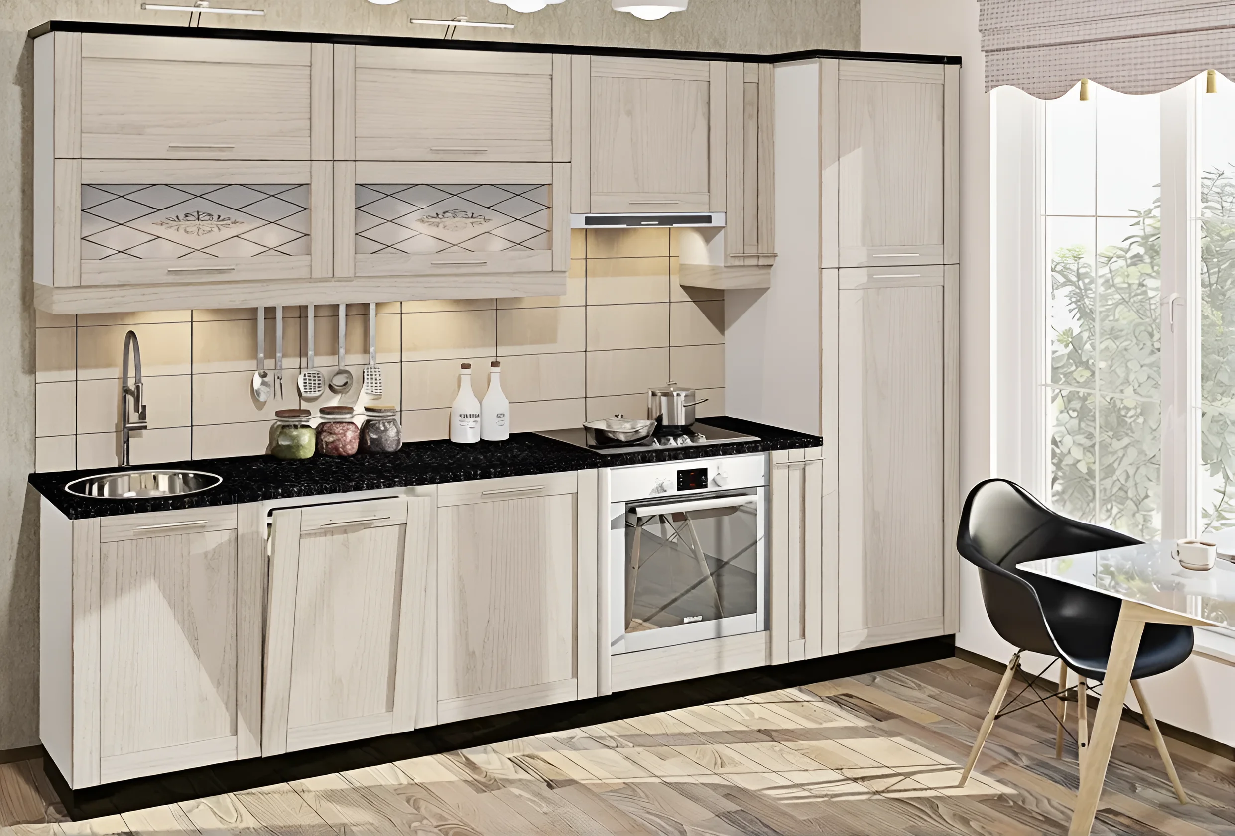 Классическая кухня "Престиж" 300см в цвете Дуб крафт белый (беленый), с гладкими фасадами и декоративными вставками.