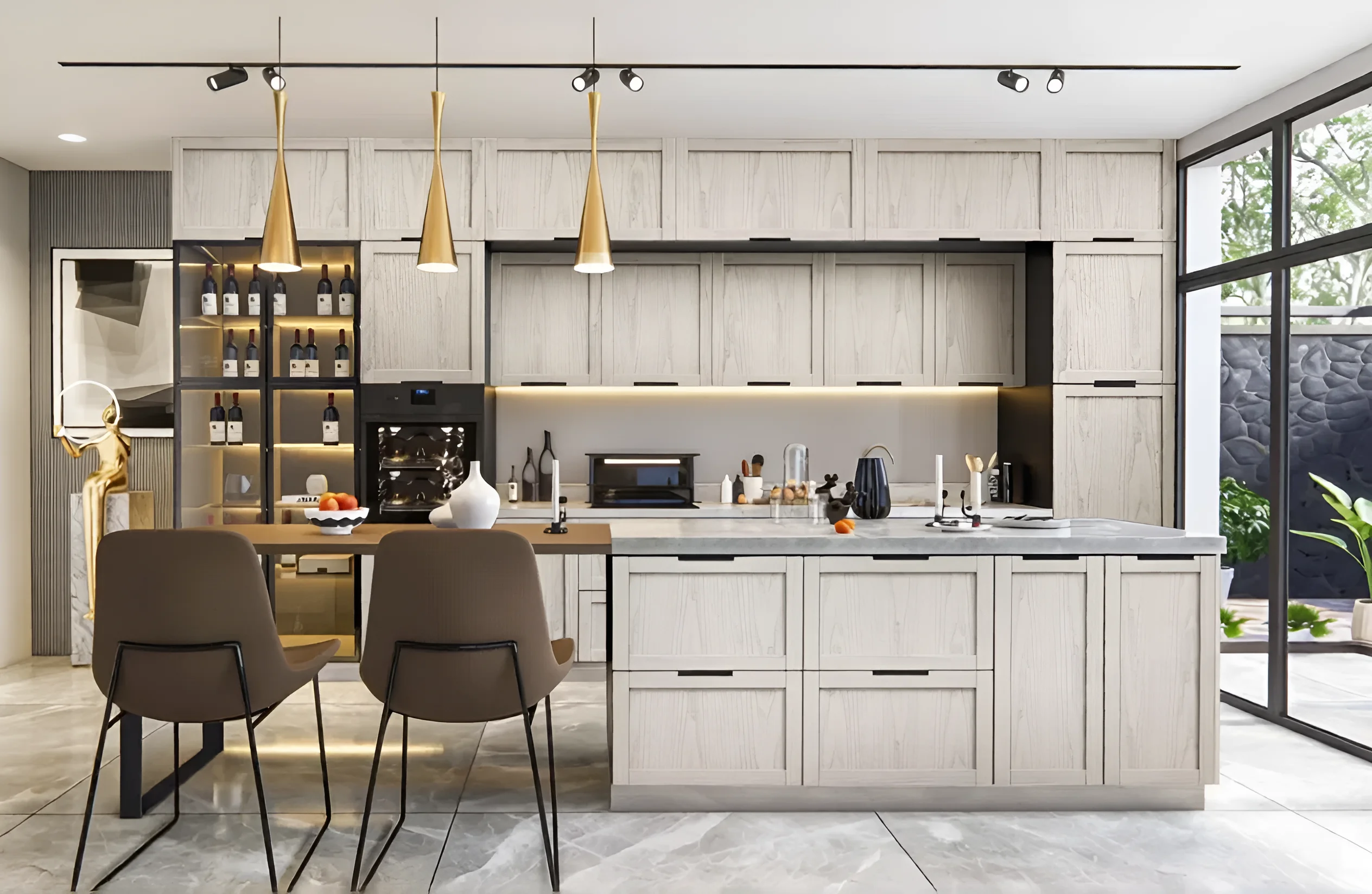 Классическая кухня 'Престиж' 300см Дуб крафт белый (беленый) с островком, винным шкафом и стильными подвесными светильниками.