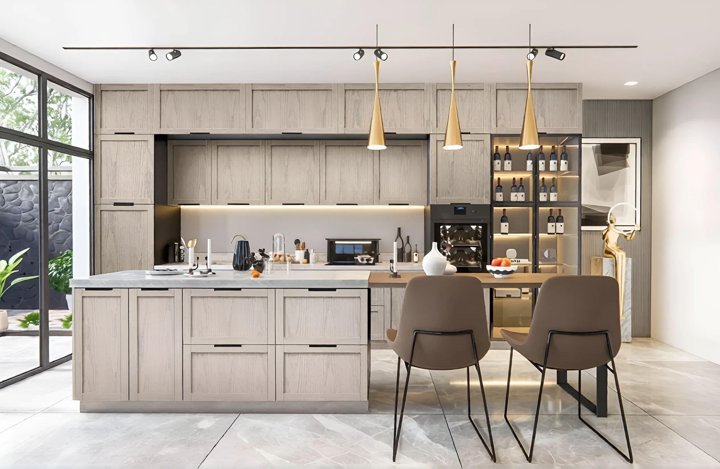 Современная классическая кухня 'Престиж' 300см Дуб крафт белый, с островом, винным шкафом и стильными стульями.