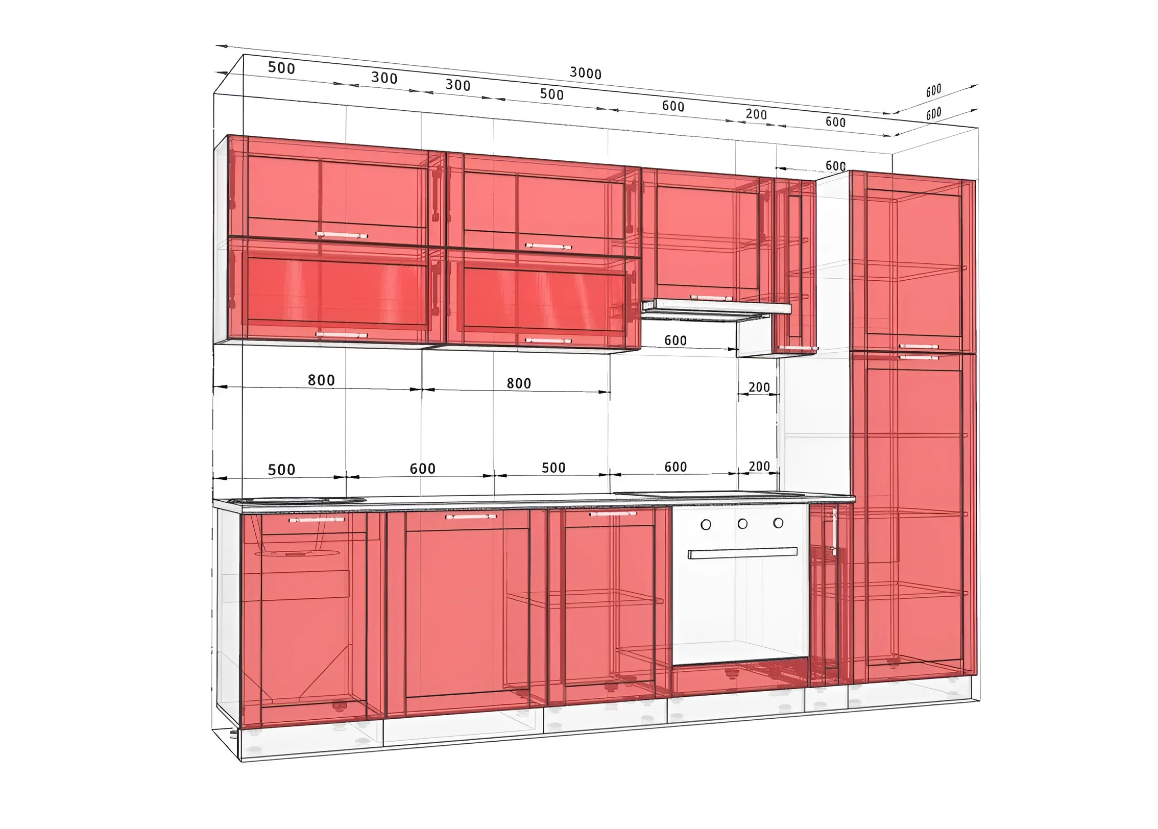 Чертеж классической кухни "Престиж" 300см Дуб крафт белый (беленый) с указанием размеров модулей и расположения элементов.