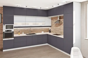 Современная прямая кухня "Эко" 240 см в темно-графитовом (асфальт) цвете с белой столешницей и кирпичной стеной.
