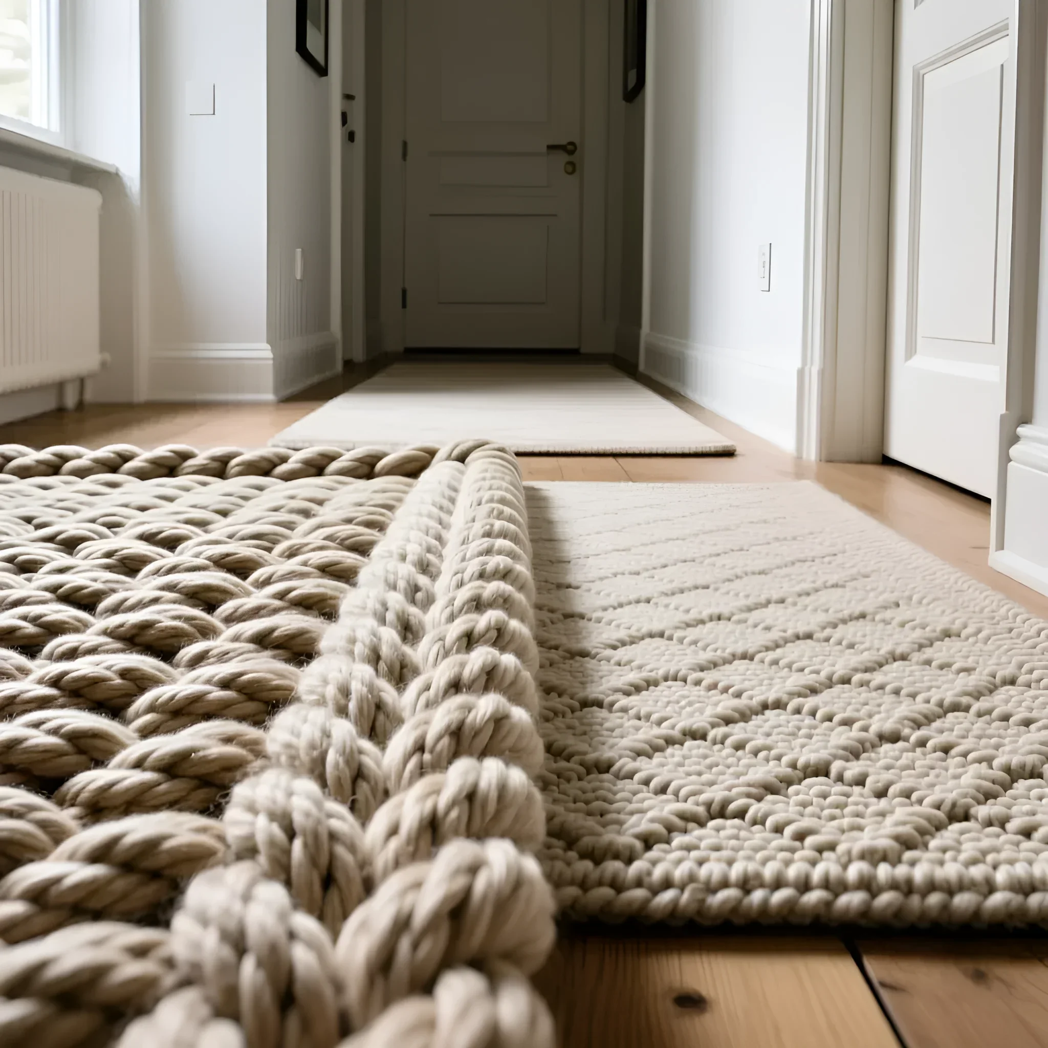 Nahaufnahme der Textur eines beigefarbenen, handgestrickten Webteppichs mit dicken Zöpfen auf einem Holzboden in einem hellen Flur.