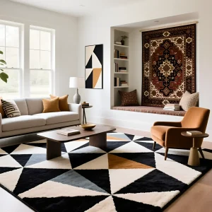 Современный ковер с крупным черно-бело-горчичным геометрическим узором в светлой гостиной