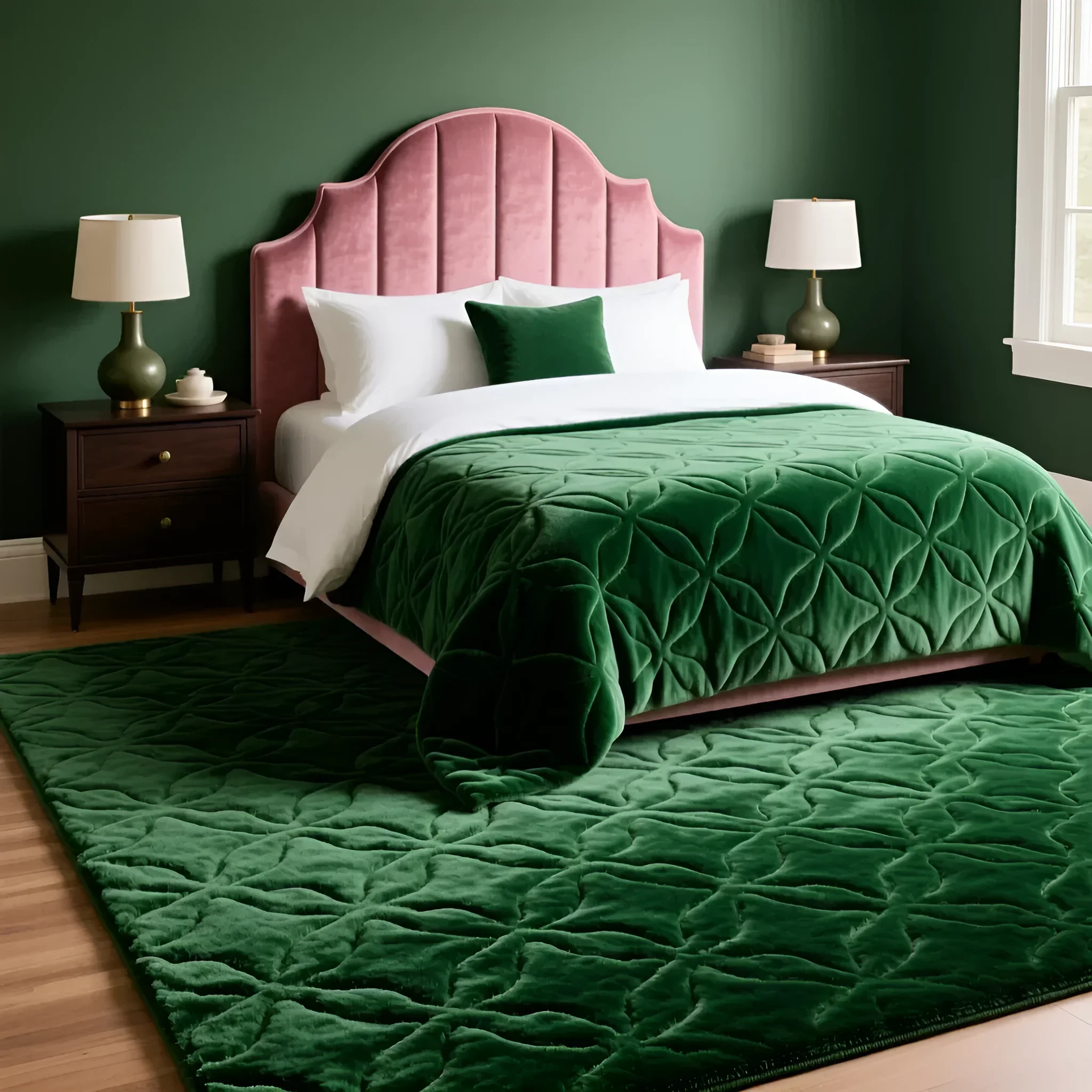 Luxuriöser grüner Teppich mit einem voluminösen geometrischen Muster unter einem Bett mit rosafarbenem Velourskopfteil in einem dunkelgrünen Interieur
