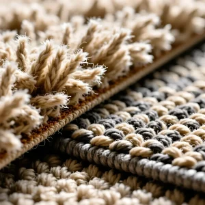 Крупный план двойной текстуры ковра: пушистый, высокий ворс бежевого оттенка рядом с плотным, рельефным плетением в стиле «вязаные узлы»