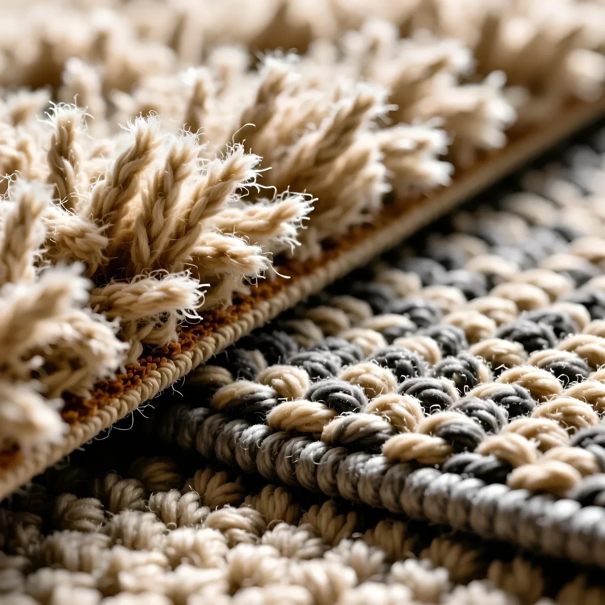 Nahaufnahme einer doppelten Teppichtextur: flauschiger, hoher Flor in Beige neben einem dichten, reliefartigen Gewebe im Stil von 'Strickknoten'