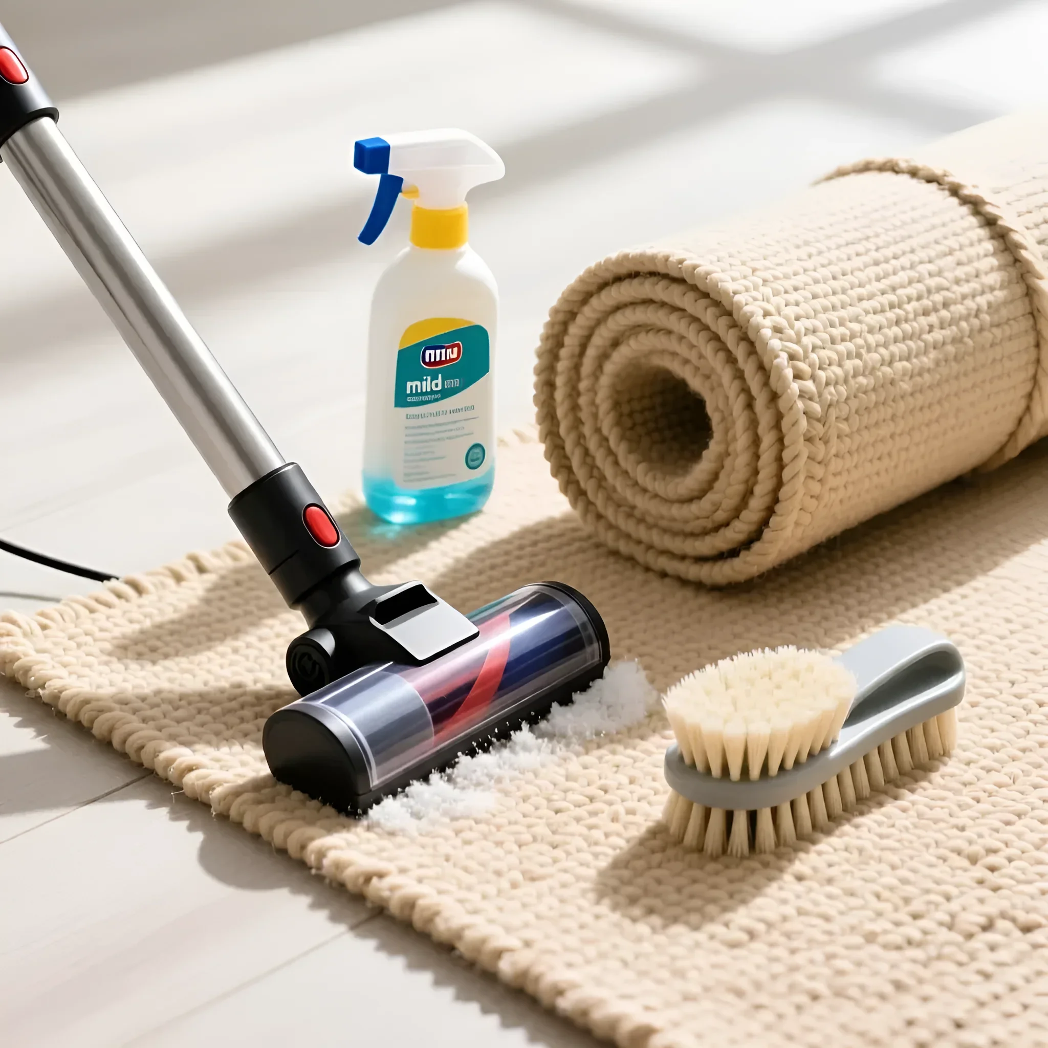 Prozess der Trockenreinigung eines beigefarbenen Webteppichs mit Pulver, Staubsaugeraufsatz und Bürste.